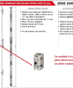 Serrure CVL multipoints pêne rouleau série 294N entraxe 92 mm